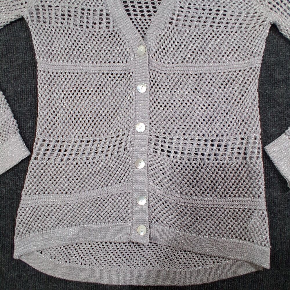 Studio Y Sweater Button Down Cardigan Gray w-Metallic Threads Classy Glam Sz M - Picture 2 of 8
